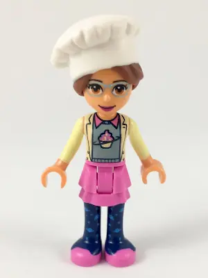 FRND0295:  Friends Olivia (Nougat) - Dark Pink Skirt and Dark Blue Leggings, Sand Green Sweater with Bright Yellow Jacket, White Chef Toque with Hair