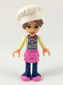 Minifigurka: FRND0295:  Friends Olivia (Nougat) - Dark Pink Skirt and Dark Blue Leggings, Sand Green Sweater with Bright Yellow Jacket, White Chef Toque with Hair