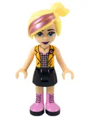 Minifigurka: FRND0297:  Friends Chloe - Black Skirt, Silver Top with Black and Bright Pink Squares, Bright Light Orange Vest