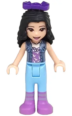 FRND0329:  Friends Emma - Medium Lavender Top with White Birds, Sand Blue Vest, Medium Light Blue Trousers, Bow
