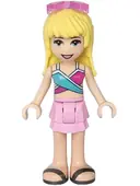 Minifigurka: FRND0330:  Friends Stephanie - Bright Pink Layered Skirt, Magenta and Medium Blue Swimsuit Top, Sunglasses