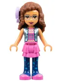 Minifigurka: FRND0332:  Friends Olivia (Nougat) - Dark Pink Skirt and Dark Blue Leggings, Dark Pink Top, Blue Jacket, Bow