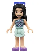 Minifigurka: FRND0333:  Friends Emma - Light Aqua Layered Skirt, Light Aqua and Bright Pink Scallop Top, Sunglasses