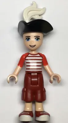 FRND0336:  Friends Zack - Dark Red Cropped Trousers Large Pockets, Red and White Striped Shirt, Pirate Tricorne Hat, White Plume