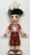 Minifigurka: FRND0336:  Friends Zack - Dark Red Cropped Trousers Large Pockets, Red and White Striped Shirt, Pirate Tricorne Hat, White Plume