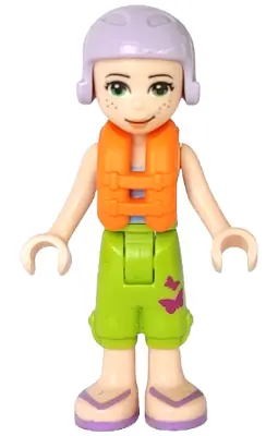 FRND0337:  Friends Mia - Lime Cropped Trousers,  Medium Blue Top with 3 Butterflies, Lavender Ski Helmet with Dark Red Hair, Life Jacket