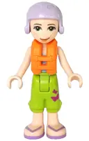 Minifigurka: FRND0337:  Friends Mia - Lime Cropped Trousers,  Medium Blue Top with 3 Butterflies, Lavender Ski Helmet with Dark Red Hair, Life Jacket