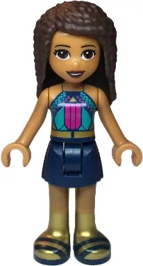 FRND0346:  Friends Andrea - Dark Turquoise Halter Top with Magenta Stripes and Dots, Dark Blue Skirt, Gold Boots and Belt
