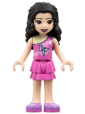 FRND0357:  Friends Emma - Dark Pink Top with Bright Pink Circles and White Origami Crane over Yellowish Green Tank Top, Dark Pink Layered Skirt, Medium Lavender Shoes