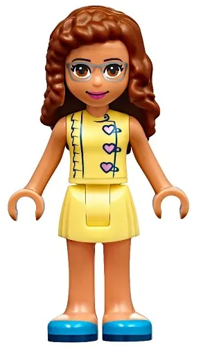 FRND0359:  Friends Olivia (Nougat) - Bright Light Yellow Dress with Heart Buttons, Blue Shoes