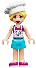 Minifigurka: FRND0361:  Friends Stephanie - Medium Azure Skirt, Magenta Top with Bright Pink Apron, White Chef Toque with Hair