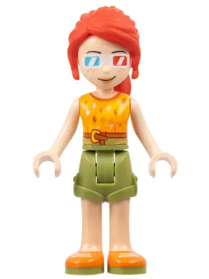 FRND0369:  Friends Mia - Olive Green Shorts, Orange and Bright Light Orange Top with Lightning Bolts, Orange Shoes, 3D Glasses