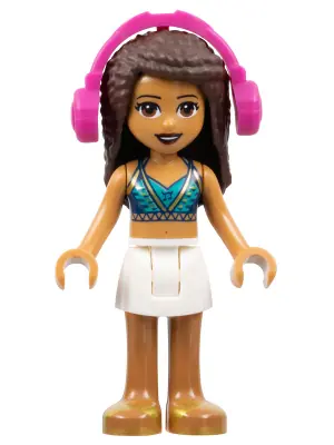 FRND0383:  Friends Andrea - White Skirt, Dark Blue Halter Top with Gold Trim, Headphones
