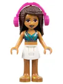 Minifigurka: FRND0383:  Friends Andrea - White Skirt, Dark Blue Halter Top with Gold Trim, Headphones