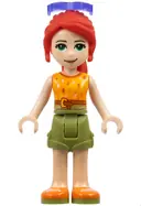 Minifigurka: FRND0388:  Friends Mia - Olive Green Shorts, Orange and Bright Light Orange Top with Lightning Bolts, Orange Shoes, Sunglasses