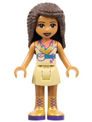 FRND0392:  Friends Andrea - Tan Skirt, Coral, Lime and Medium Azure Top, Gold Boots