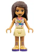 Minifigurka: FRND0392:  Friends Andrea - Tan Skirt, Coral, Lime and Medium Azure Top, Gold Boots