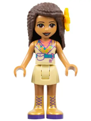 FRND0394:  Friends Andrea - Tan Skirt, Coral, Lime and Medium Azure Top, Gold Boots, Flower