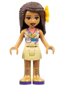 Minifigurka: FRND0394:  Friends Andrea - Tan Skirt, Coral, Lime and Medium Azure Top, Gold Boots, Flower