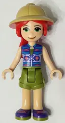 Minifigurka: FRND0397:  Friends Mia - Olive Green Shorts, Dark Azure and Dark Purple Patterned Sleeveless Jacket with Zipper, Pith Helmet