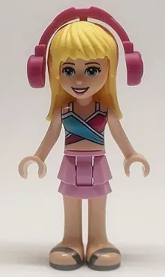 FRND0398:  Friends Stephanie - Bright Pink Layered Skirt, Magenta and Medium Blue Swimsuit Top, Headphones
