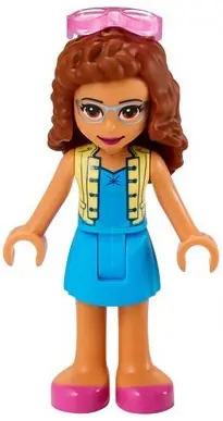 FRND0404:  Friends Olivia (Nougat) - Dark Azure Skirt and Top with Bright Light Yellow Vest, Dark Pink Shoes, Sunglasses