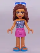 Minifigurka: FRND0408:  Friends Olivia (Nougat) - Dark Pink Skirt, Metallic Pink Top with Wavy Dark Azure Lines, Sunglasses