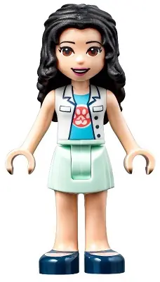 FRND0438:  Friends Emma - White Top with Paw Print Undershirt, Light Aqua Skirt, Dark Blue Shoes with Straps, Dark Purple Bow