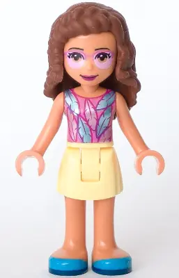 FRND0439:  Friends Olivia (Nougat) - Bright Light Yellow Skirt, Dark Pink Top with Feathers, Bright Pink Tinted Glasses