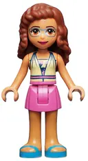 Minifigurka: FRND0455:  Friends Olivia (Nougat) - Dark Pink Skirt, Halter Top with Strawberries