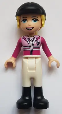FRND0458:  Friends Stephanie - White Riding Pants, Magenta Jacket, Riding Helmet with Bright Light Yellow Ponytail
