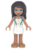 Minifigurka: FRND0480:  Friends Andrea - White Skirt, Dark Turquoise and White Swimsuit, Swim Goggles