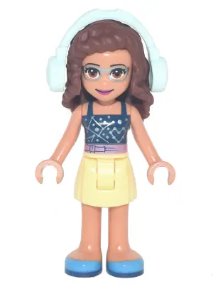 FRND0481:  Friends Olivia (Nougat) - Bright Light Yellow Skirt, Dark Blue Top with Constellations, Light Aqua Headphones