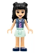 Minifigurka: FRND0482:  Friends Emma - Aqua Skirt, Sand Blue Vest, Black Hair with Braid Buns and Flower