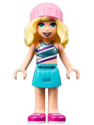 FRND0506:  Friends Stephanie - Metallic Light Blue Swimsuit Top, Medium Azure Skirt, Bright Pink Hat