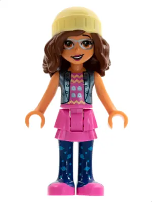 FRND0509:  Friends Olivia (Nougat) - Dark Pink Skirt, Dark Blue Leggings, Bright Light Yellow Knit Cap