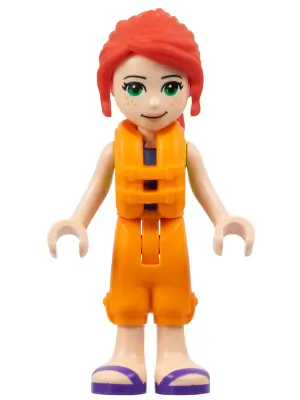 FRND0512:  Friends Mia - Lime Jacket Vest with Pockets, Orange Cropped Trousers, Dark Purple Sandals, Orange Life Jacket