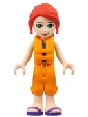 Minifigurka: FRND0512:  Friends Mia - Lime Jacket Vest with Pockets, Orange Cropped Trousers, Dark Purple Sandals, Orange Life Jacket