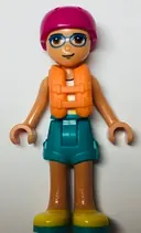 Minifigurka: FRND0513:  Friends Sebastian - White Tank Top, Dark Turquoise Shorts, Yellow Shoes, Magenta Helmet, Orange Life Jacket