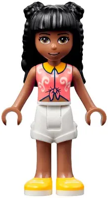 FRND0515:  Friends Priyanka - Coral Knotted Blouse with White Swirls, White Shorts, Yellow Shoes