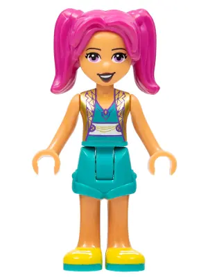 FRND0525:  Friends Camila - Dark Turquoise Shorts and Top, Gold Vest, Yellow Shoes