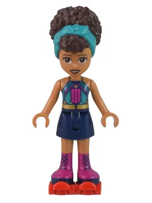 FRND0530:  Friends Andrea - Dark Turquoise Halter Top, Dark Blue Skirt with Magenta Boots, Dark Turquoise Head Wrap, Red Roller Skates