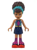 Minifigurka: FRND0530:  Friends Andrea - Dark Turquoise Halter Top, Dark Blue Skirt with Magenta Boots, Dark Turquoise Head Wrap, Red Roller Skates