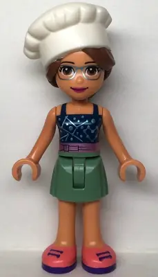 FRND0539:  Friends Olivia (Nougat) - Sand Green Skirt, Dark Blue Top with Metallic Pink Belt, White Chef Toque with Hair