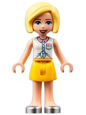 FRND0550:  Friends Roxy - White Collared Shirt, Yellow Skirt, Silver Shoes
