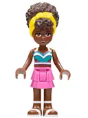 Minifigurka: FRND0555:  Friends Nandi - White and Dark Turquoise Bikini Top, Dark Pink Skirt, White Sandals, Yellow Head Wrap