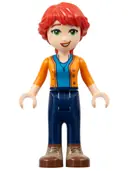 Minifigurka: FRND0585:  Friends Mia (Adult) - Dark Azure Shirt, Orange Sweater, Dark Blue Pants, Dark Tan and Reddish Brown Boots