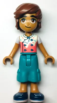 FRND0593:  Friends Leo - White and Coral Chef Shirt with Sprinkles, Dark Turquoise Cropped Trousers, Dark Blue Shoes