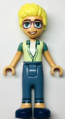 FRND0594:  Friends Olly - Yellowish Green and Sand Green Unbuttoned Shirt, Sand Blue Trousers, Dark Blue Shoes