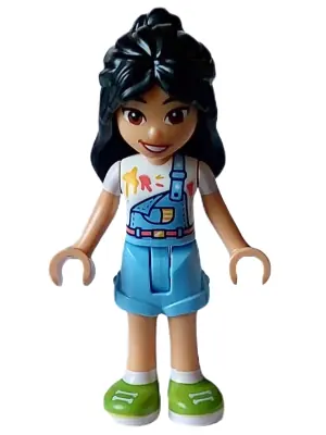 FRND0600:  Friends Liann - Bright Light Blue Overalls over White Shirt, Bright Light Blue Shorts, Lime Shoes